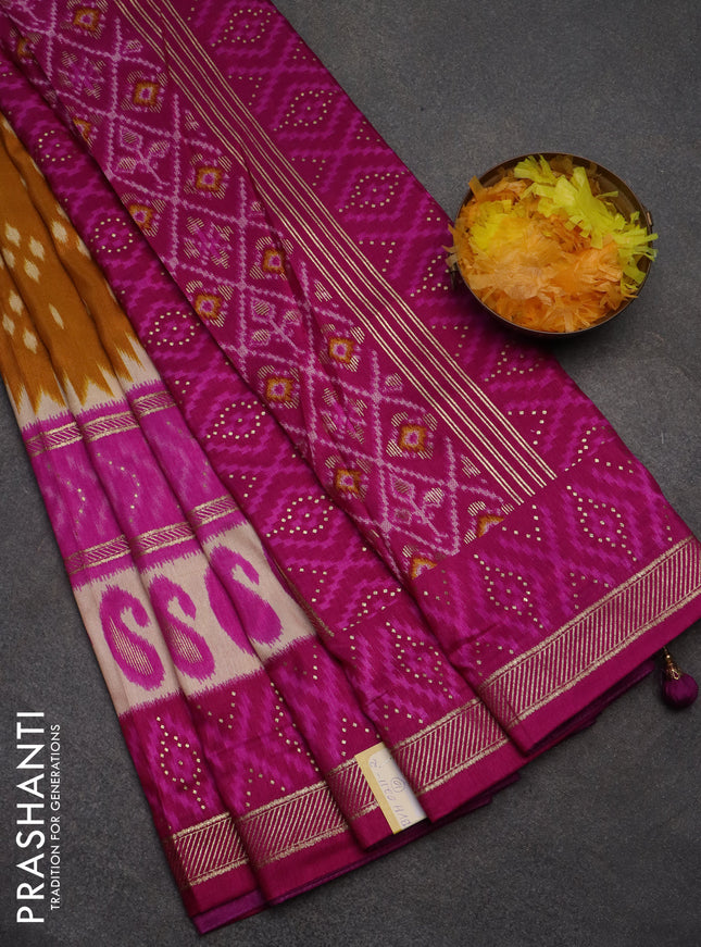 Semi pochampally saree mustard yellow and dark pink with ikat butta prints and long printed zari border