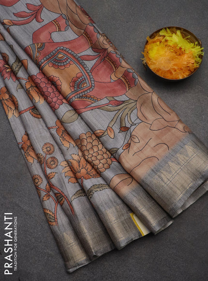 Semi tussar saree grey with allover floral prints and zari woven border