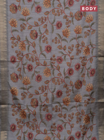 Semi tussar saree grey with allover floral prints and zari woven border