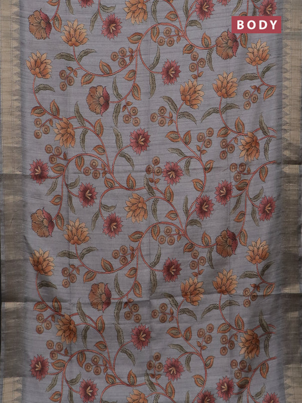 Semi tussar saree grey with allover floral prints and zari woven border