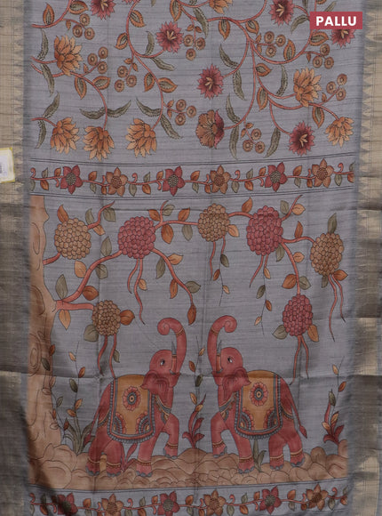 Semi tussar saree grey with allover floral prints and zari woven border