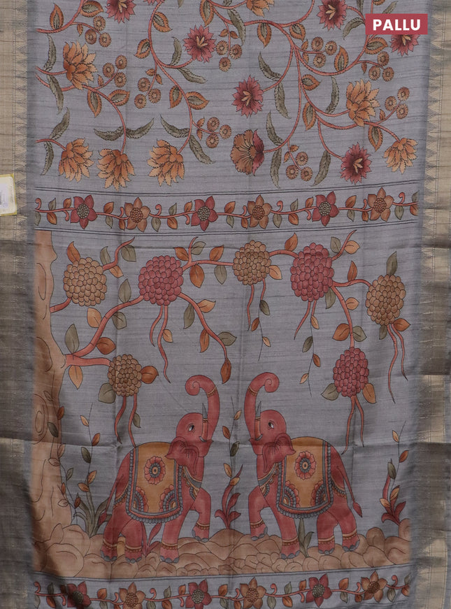 Semi tussar saree grey with allover floral prints and zari woven border