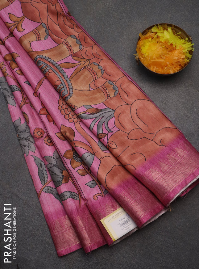 Semi tussar saree pink with allover floral prints and zari woven border