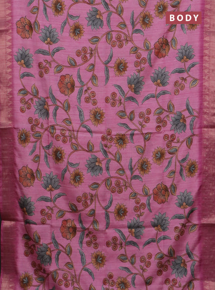 Semi tussar saree pink with allover floral prints and zari woven border