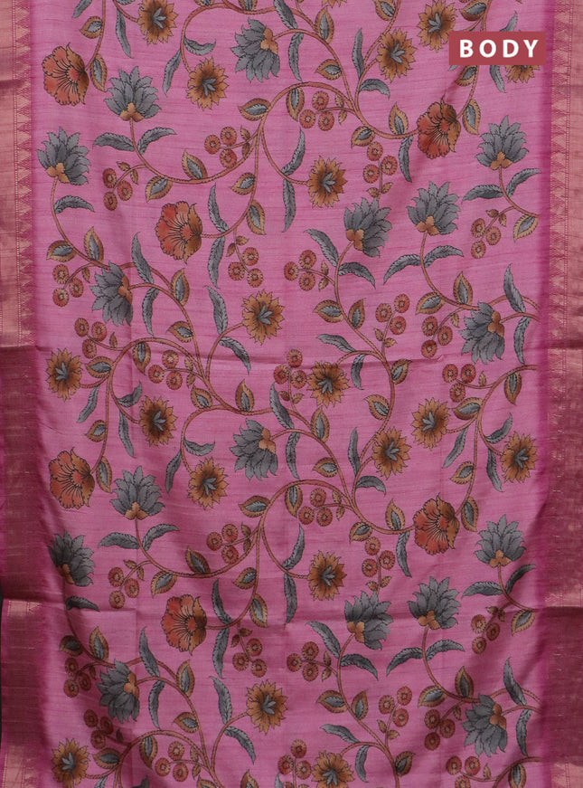 Semi tussar saree pink with allover floral prints and zari woven border