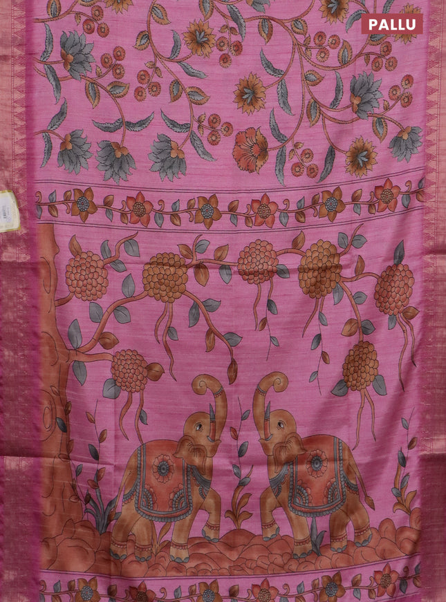 Semi tussar saree pink with allover floral prints and zari woven border