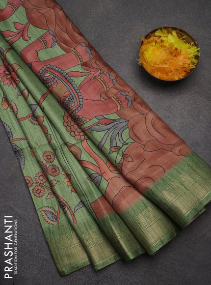 Semi tussar saree green with allover floral prints and zari woven border