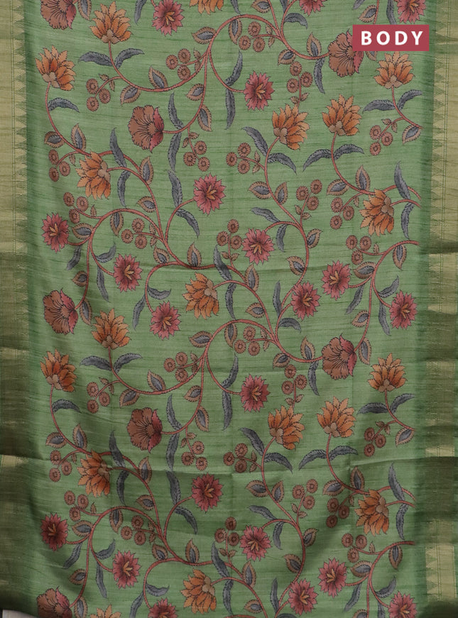 Semi tussar saree green with allover floral prints and zari woven border