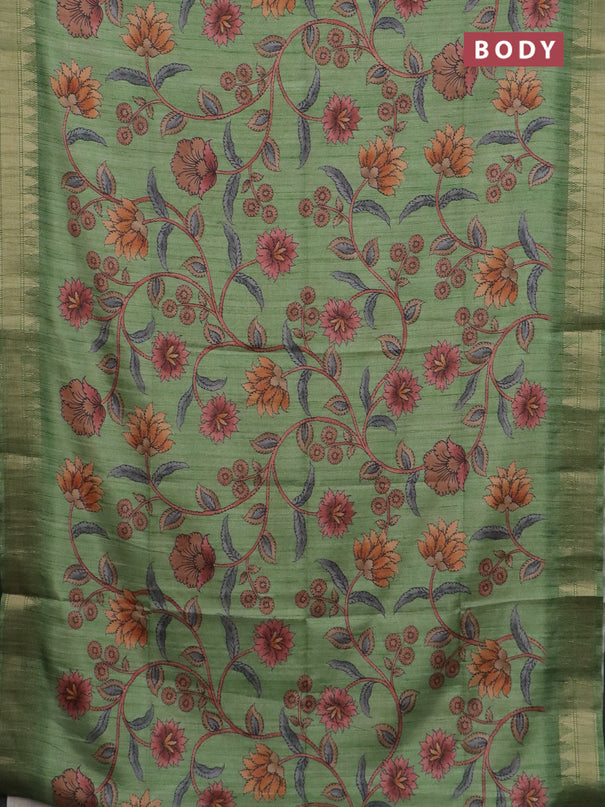 Semi tussar saree green with allover floral prints and zari woven border