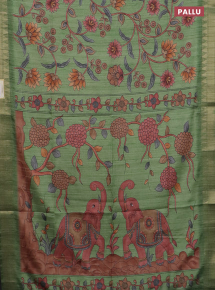 Semi tussar saree green with allover floral prints and zari woven border