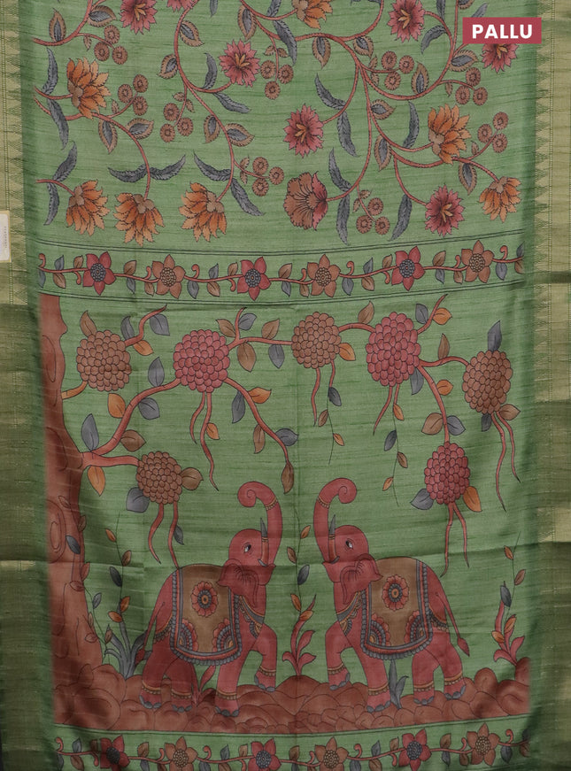 Semi tussar saree green with allover floral prints and zari woven border