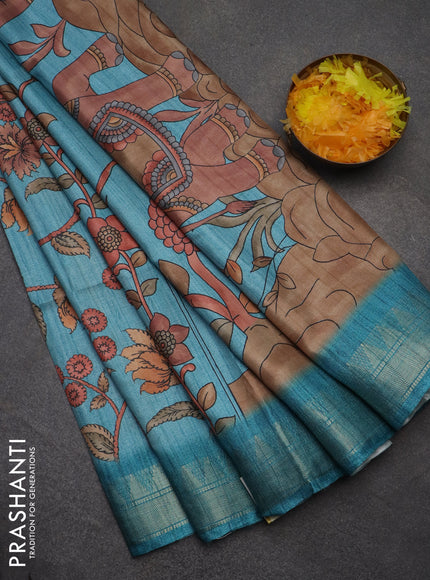 Semi tussar saree pastel blue with allover floral prints and zari woven border