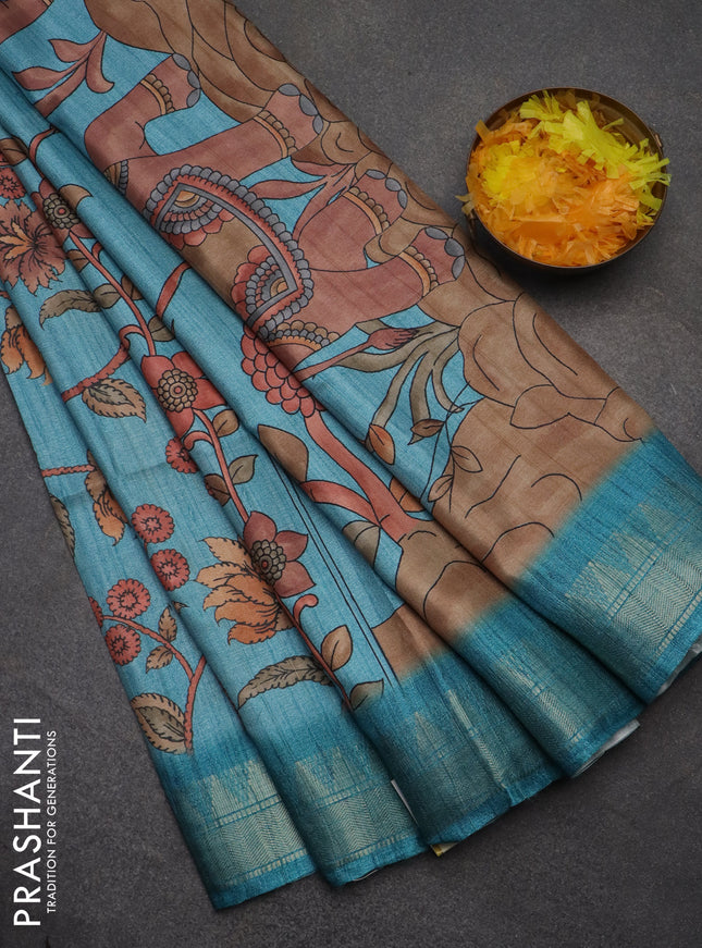 Semi tussar saree pastel blue with allover floral prints and zari woven border
