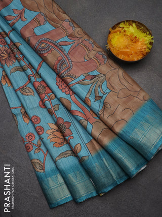 Semi tussar saree pastel blue with allover floral prints and zari woven border