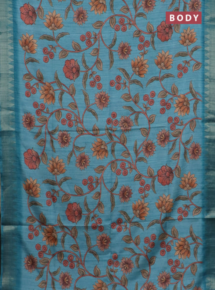 Semi tussar saree pastel blue with allover floral prints and zari woven border
