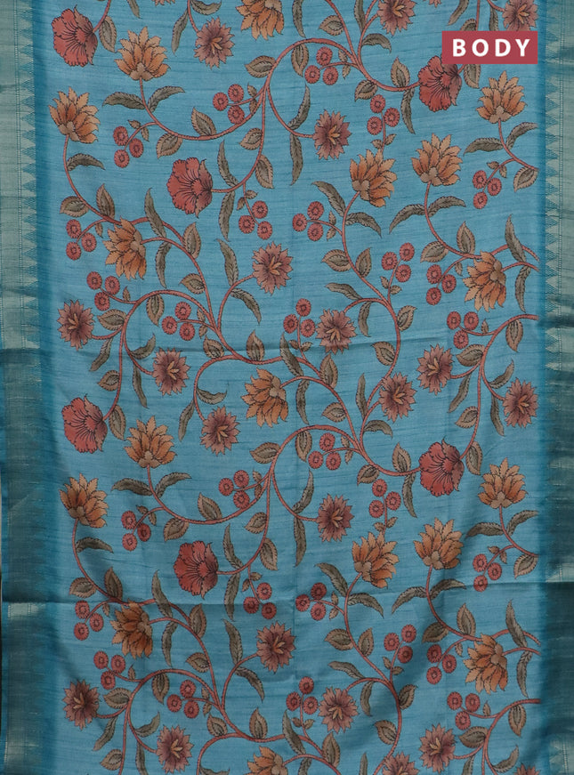 Semi tussar saree pastel blue with allover floral prints and zari woven border