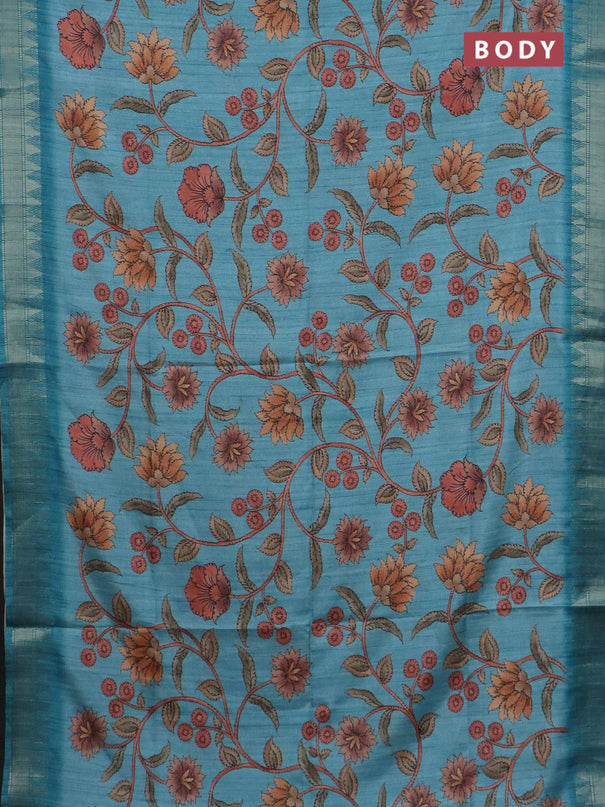 Semi tussar saree pastel blue with allover floral prints and zari woven border