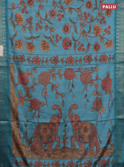 Semi tussar saree pastel blue with allover floral prints and zari woven border