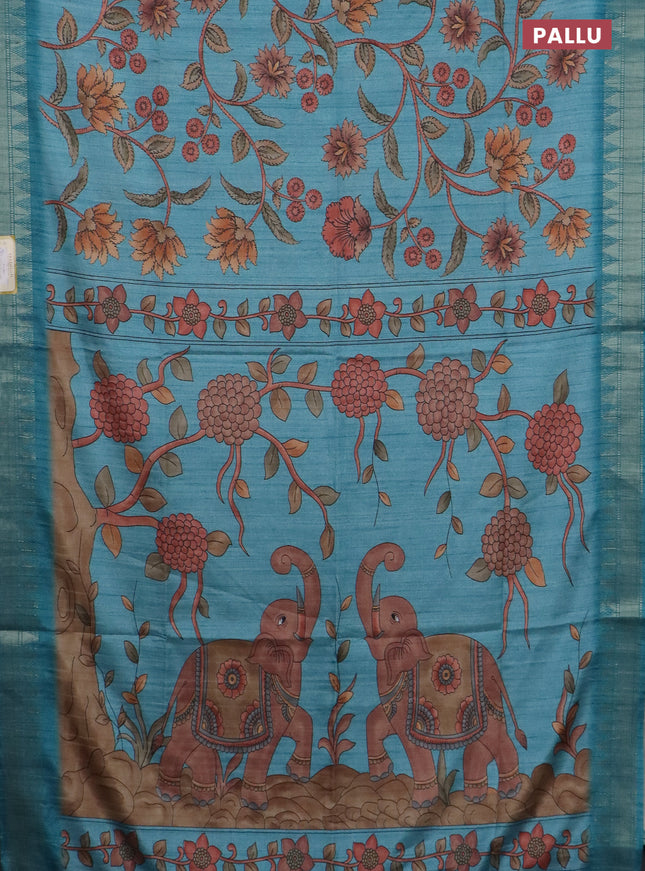 Semi tussar saree pastel blue with allover floral prints and zari woven border