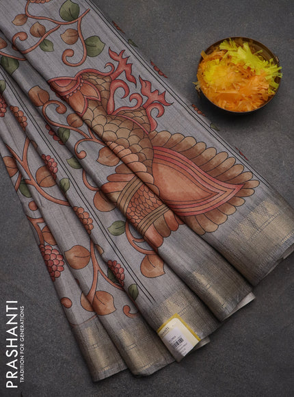 Semi tussar saree grey with allover floral prints and zari woven border