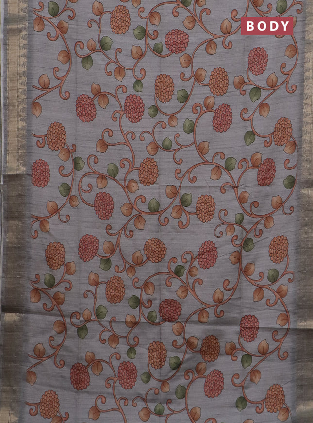 Semi tussar saree grey with allover floral prints and zari woven border