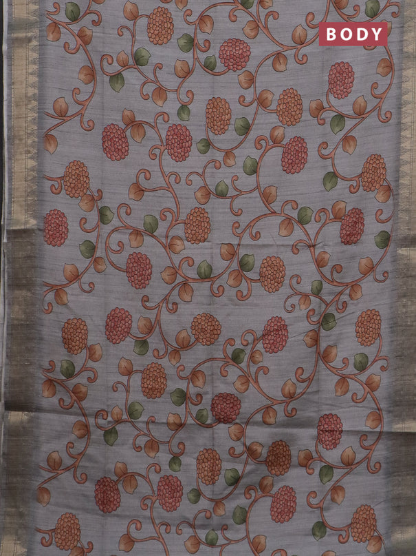 Semi tussar saree grey with allover floral prints and zari woven border