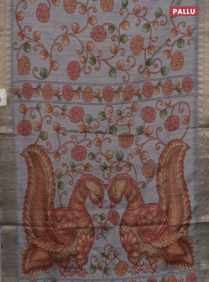 Semi tussar saree grey with allover floral prints and zari woven border