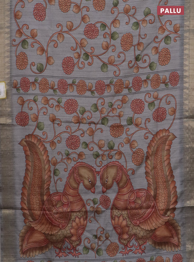 Semi tussar saree grey with allover floral prints and zari woven border