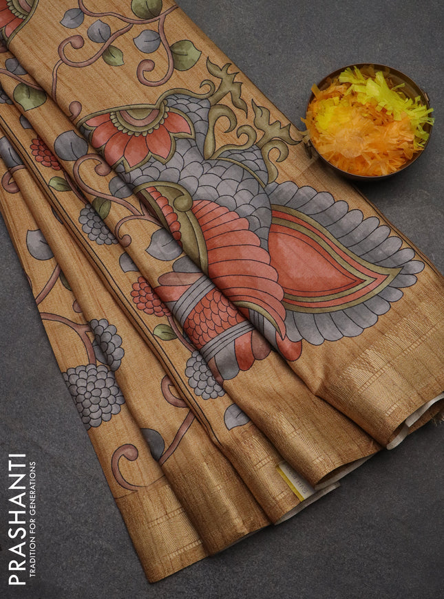 Semi tussar saree sandal with allover floral prints and zari woven border