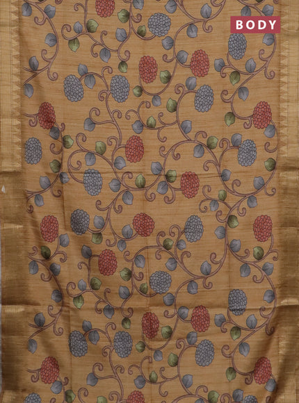 Semi tussar saree sandal with allover floral prints and zari woven border