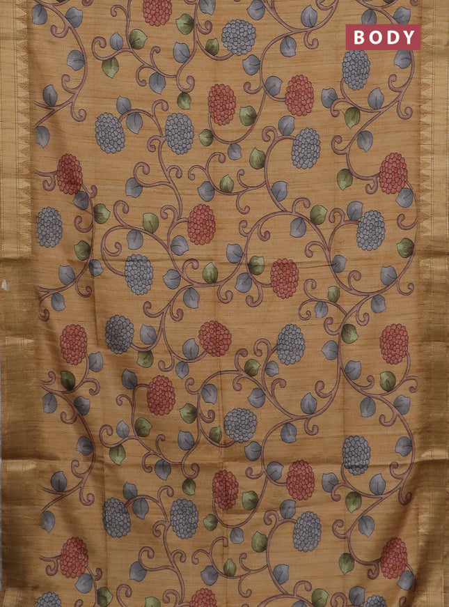 Semi tussar saree sandal with allover floral prints and zari woven border