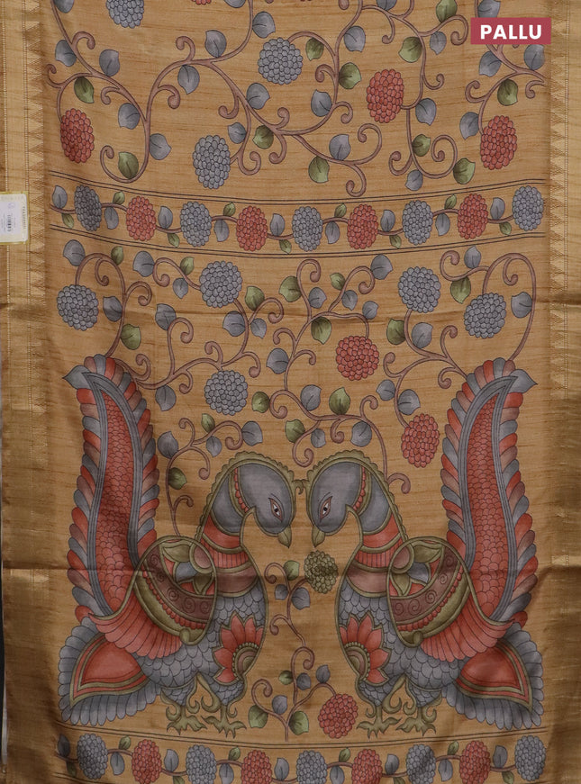 Semi tussar saree sandal with allover floral prints and zari woven border