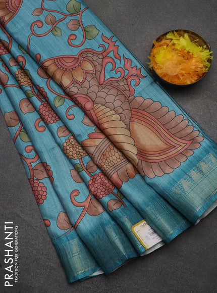 Semi tussar saree pastel blue with allover floral prints and zari woven border