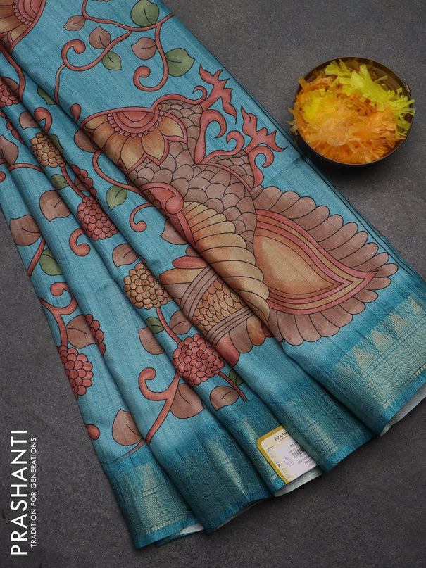 Semi tussar saree pastel blue with allover floral prints and zari woven border