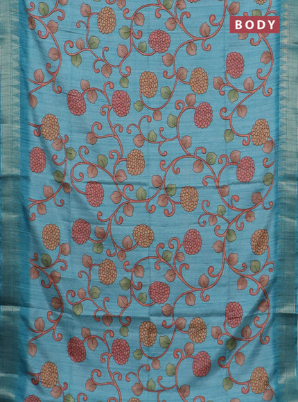 Semi tussar saree pastel blue with allover floral prints and zari woven border