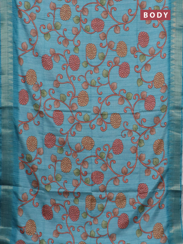 Semi tussar saree pastel blue with allover floral prints and zari woven border