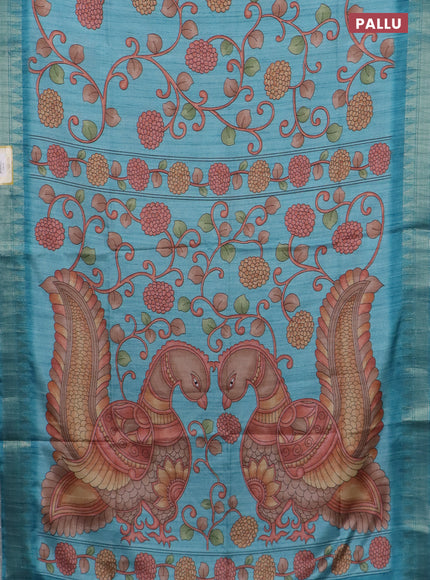 Semi tussar saree pastel blue with allover floral prints and zari woven border