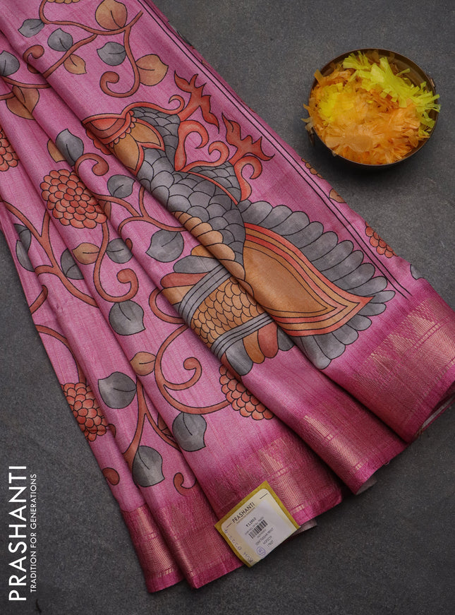 Semi tussar saree light pink with allover floral prints and zari woven border