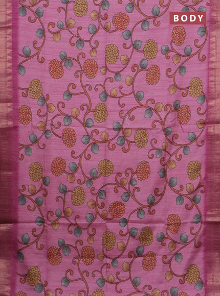 Semi tussar saree light pink with allover floral prints and zari woven border