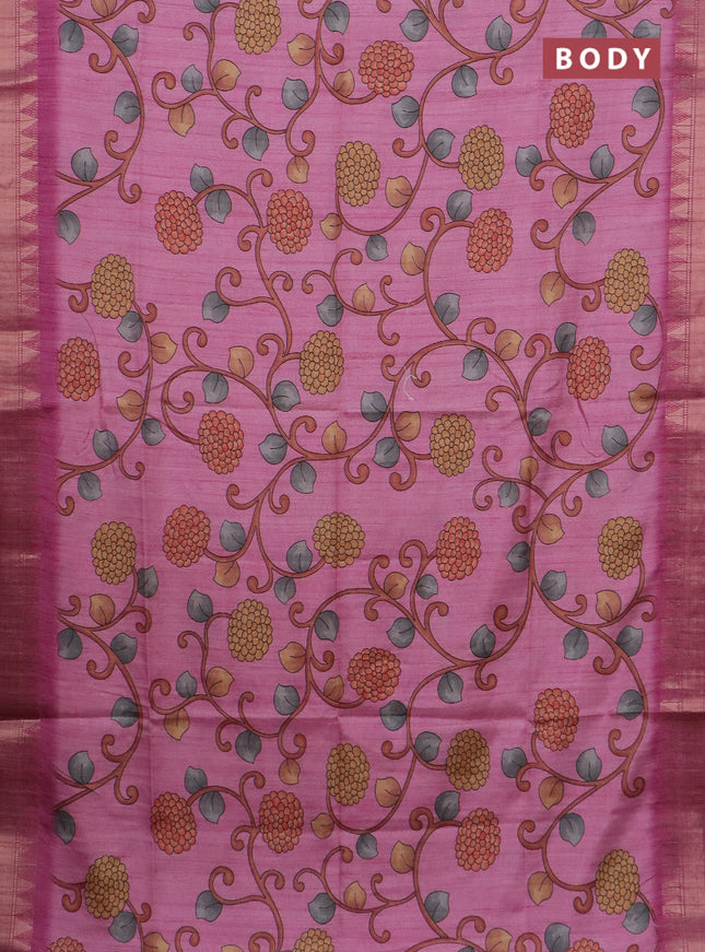 Semi tussar saree light pink with allover floral prints and zari woven border
