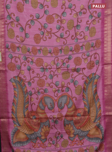 Semi tussar saree light pink with allover floral prints and zari woven border