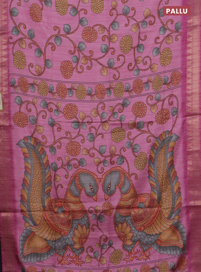 Semi tussar saree light pink with allover floral prints and zari woven border