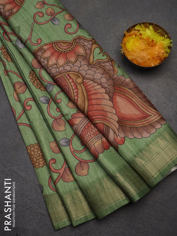 Semi tussar saree light green with allover floral prints and zari woven border