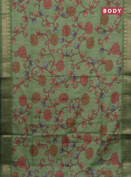 Semi tussar saree light green with allover floral prints and zari woven border
