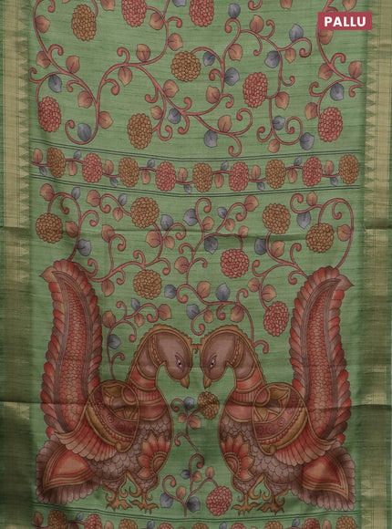 Semi tussar saree light green with allover floral prints and zari woven border