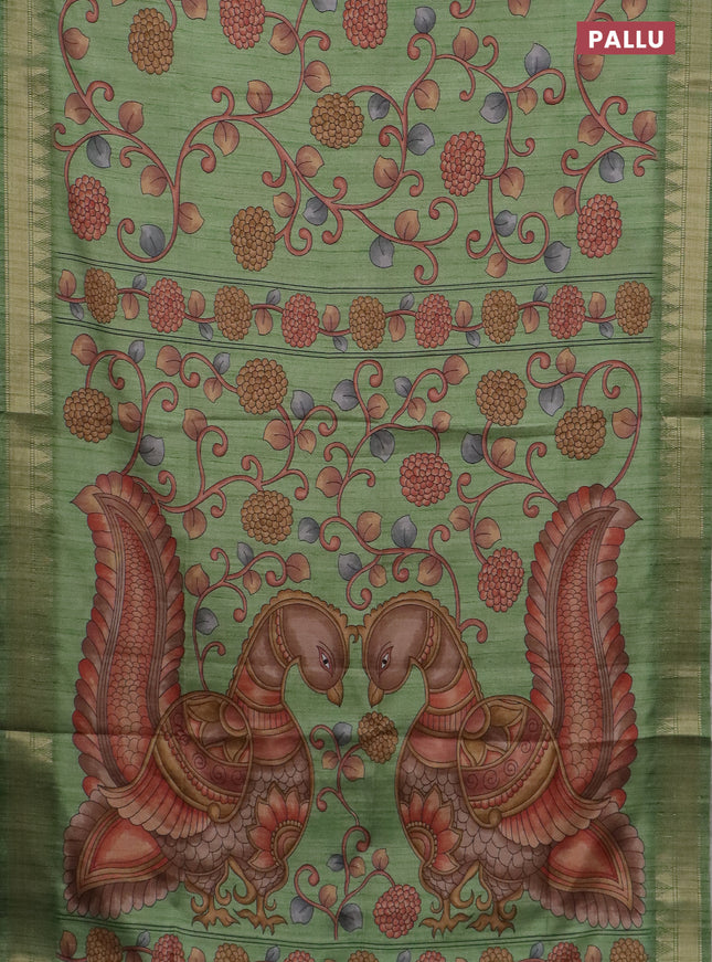 Semi tussar saree light green with allover floral prints and zari woven border