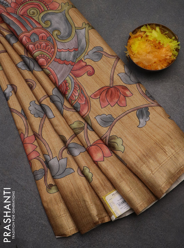 Semi tussar saree sandal with allover floral prints and zari woven border