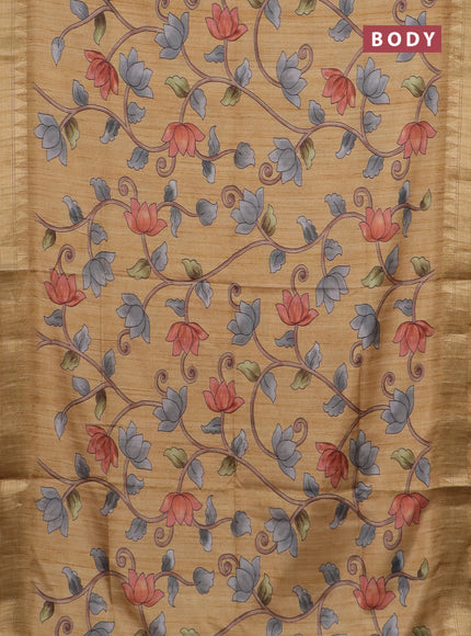 Semi tussar saree sandal with allover floral prints and zari woven border