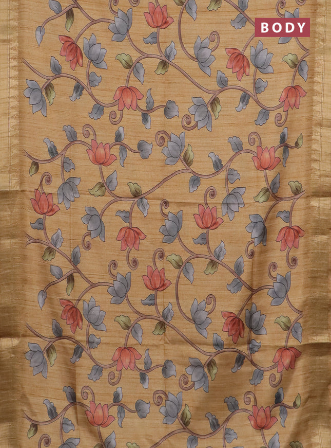 Semi tussar saree sandal with allover floral prints and zari woven border