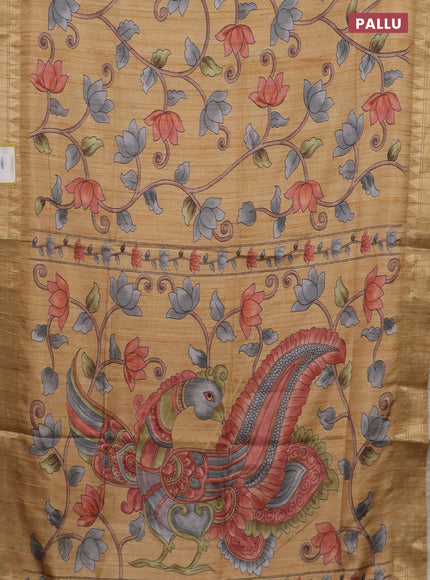 Semi tussar saree sandal with allover floral prints and zari woven border